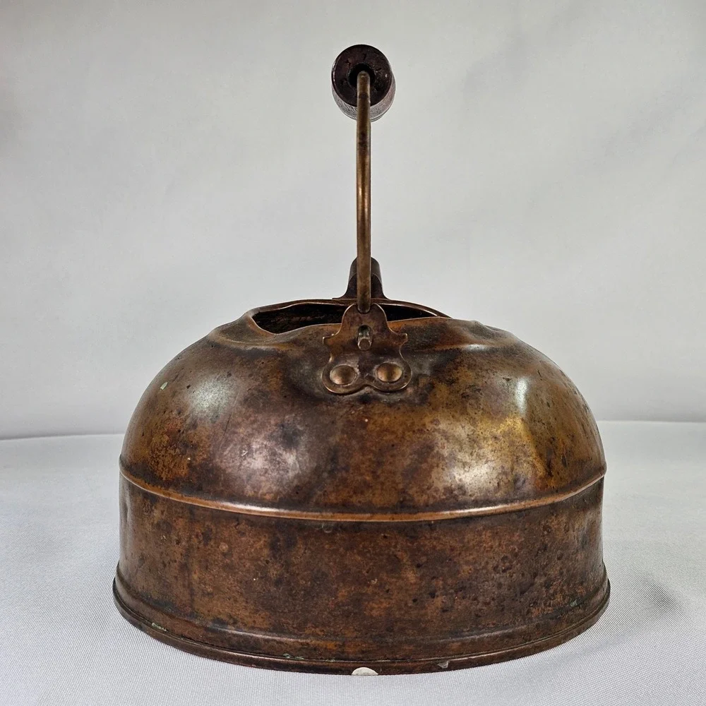 Antique Copper Tea Kettle Wood Handle Primitive Farmhouse Decor Rustic Patina